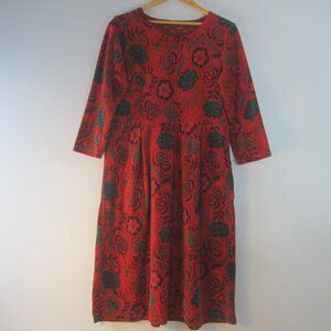 Gudrun Sjoden Women M Red Green Floral Velour Midi Dress Pleats Stretch Cotton